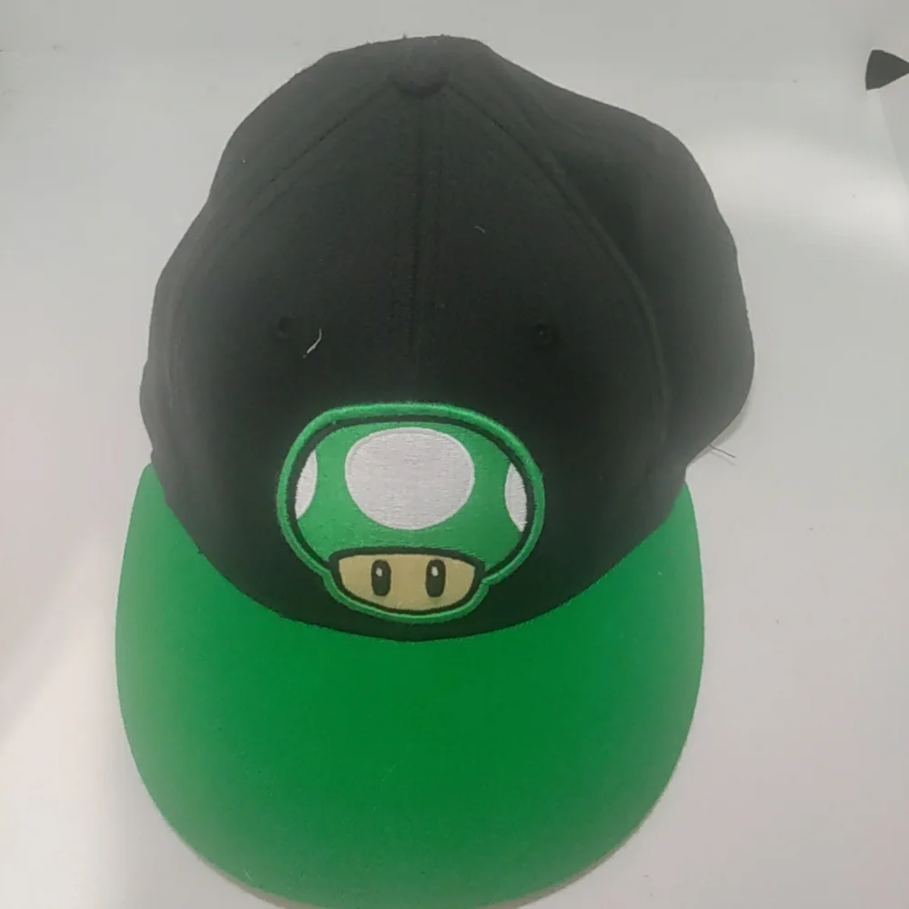Super Mario Green 1 Up Mushroom Hat Stretch Band One Size Cap Flat Brim Tek Flex